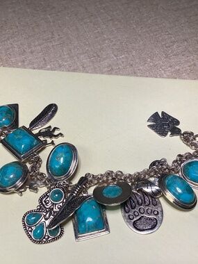 Vintage Sterling Silver Turquoise Charm Bracelet Southwestern Native Style 44g